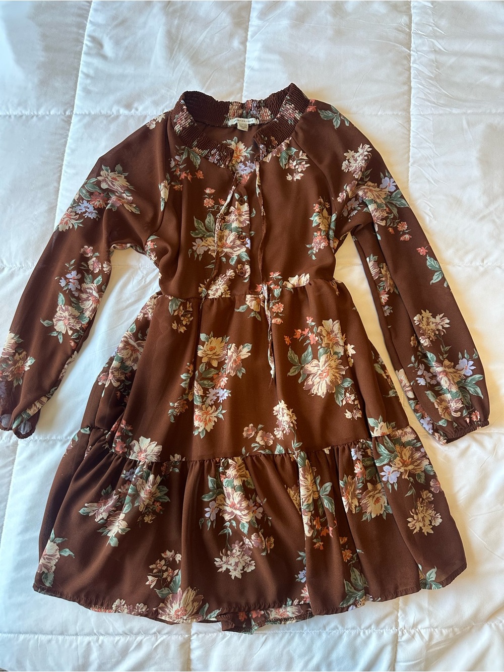 American Eagle Floral Ruffle Baby Doll Dress Brown Puff Sleeve Size XS Boho Chic